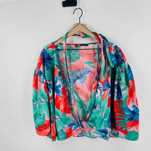 Zara Wrap Poplin Top Floral Print Blue Green Red Cropped 3/4 Sleeve Sz L - Picture 1 of 9